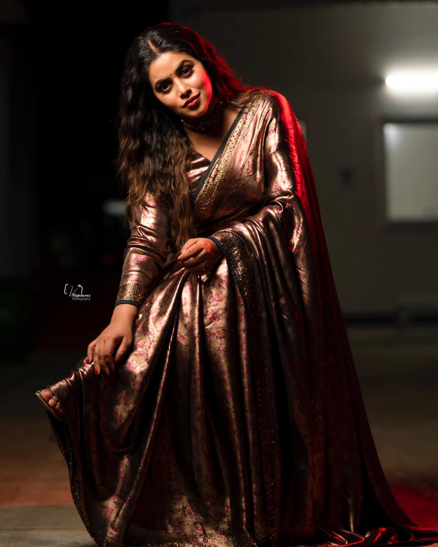 Shamna Kasim In Black Metallic Saree With Full Sleeves Blouses