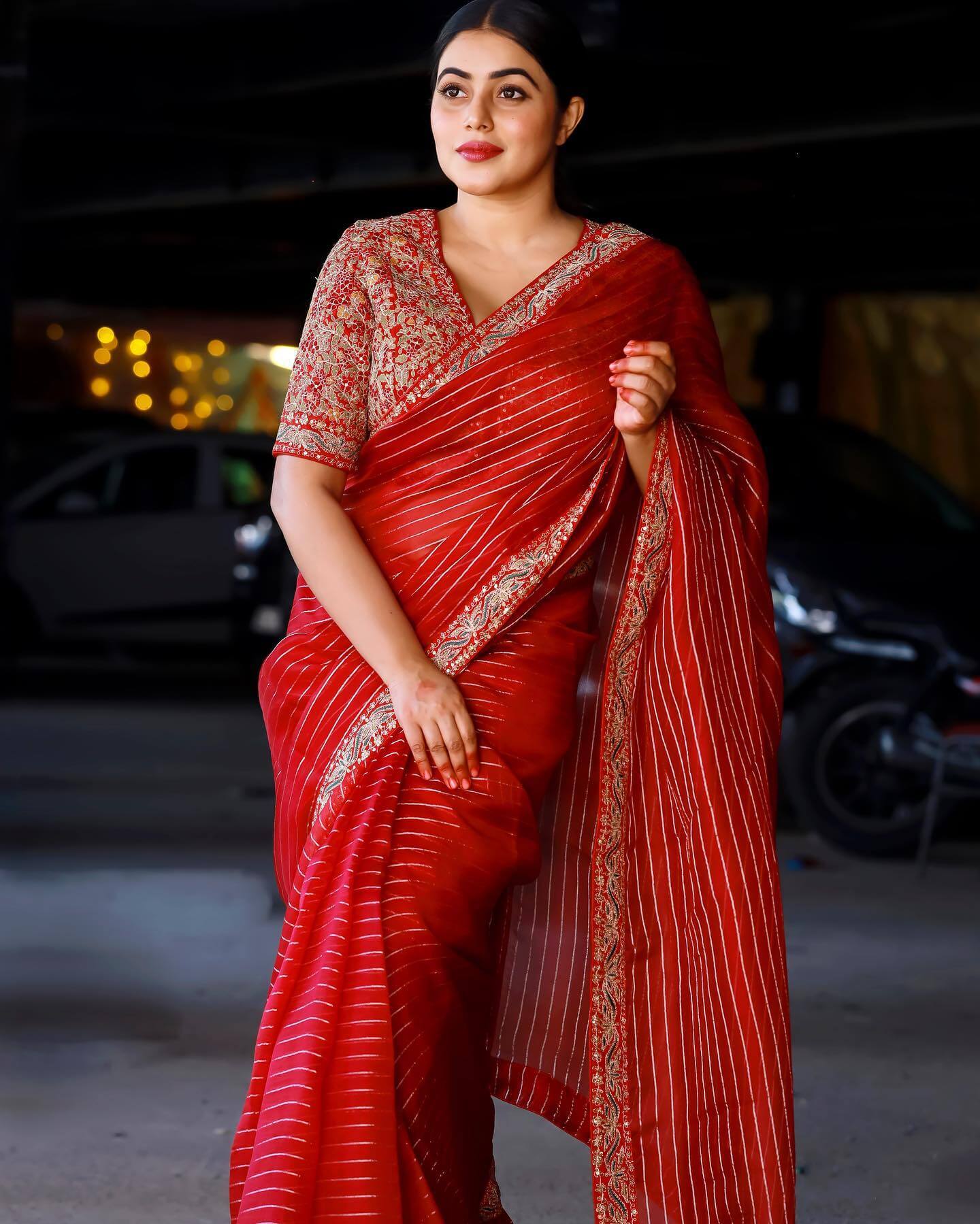 Shamna Kasim In Red Zari Woven Saree With Red Embroidered Blouse
