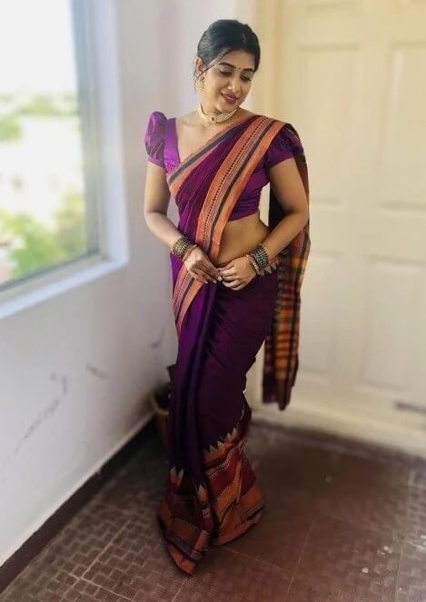 Shilpa Manjunath In Violet & Golden Silk Saree With Pearl Choker Necklace