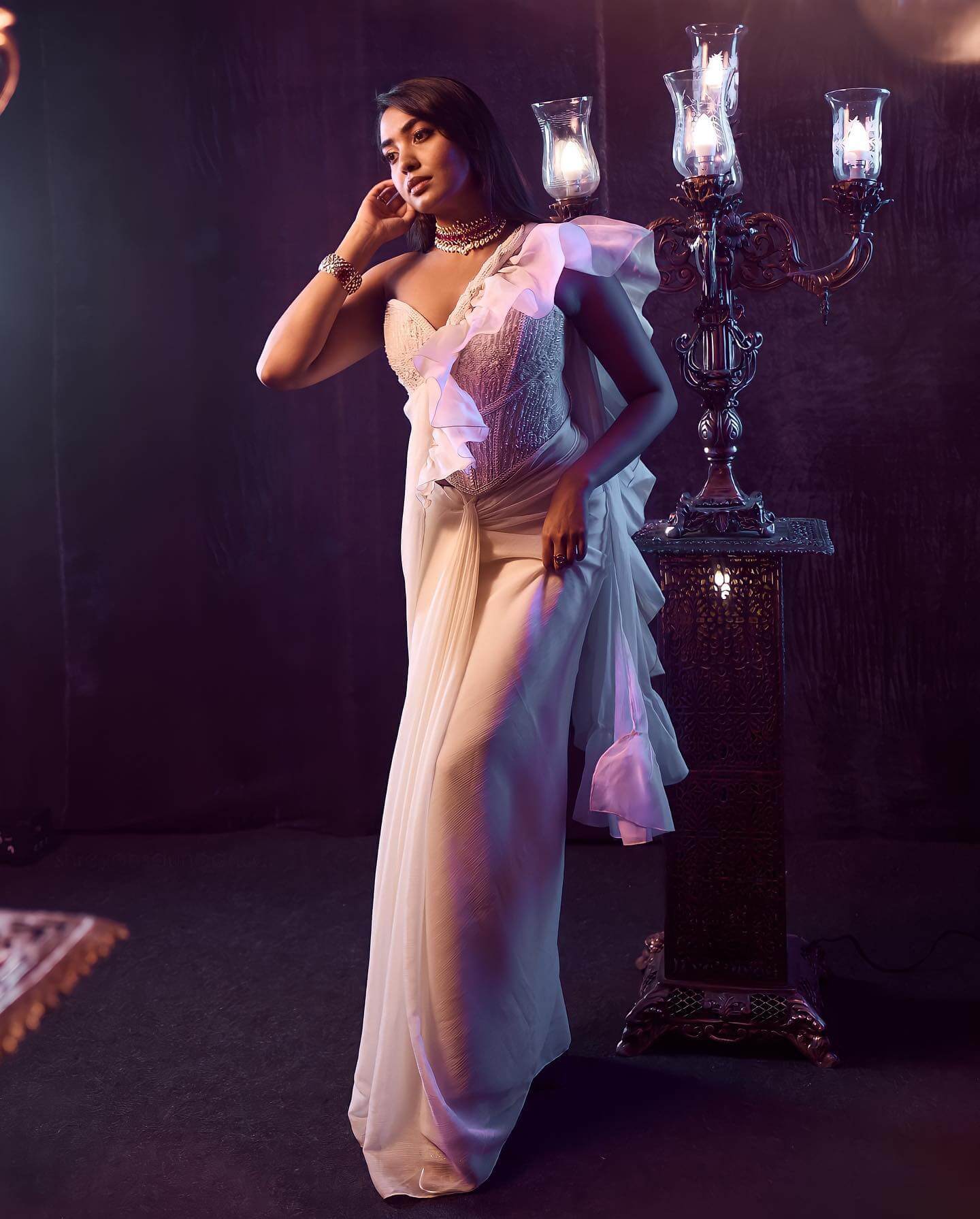 Shivathmika Rajashekar Hot & Tempting Look In White Ruffle Saree With Designer Off Shoulder Blouse