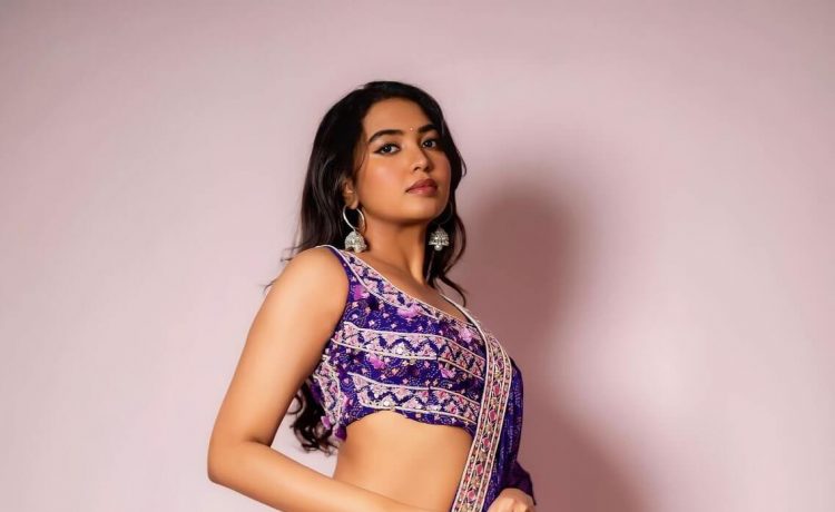 Shivathmika Rajashekar In Purple Bandhani Print Ruffle Designer Saree