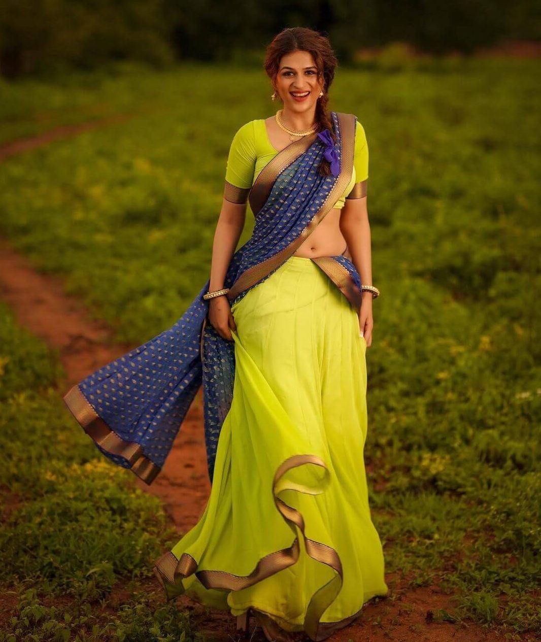 Shraddha Das In Lime Green Lehenga Blouse Paired With Blue Zari Woven Silk Dupatta