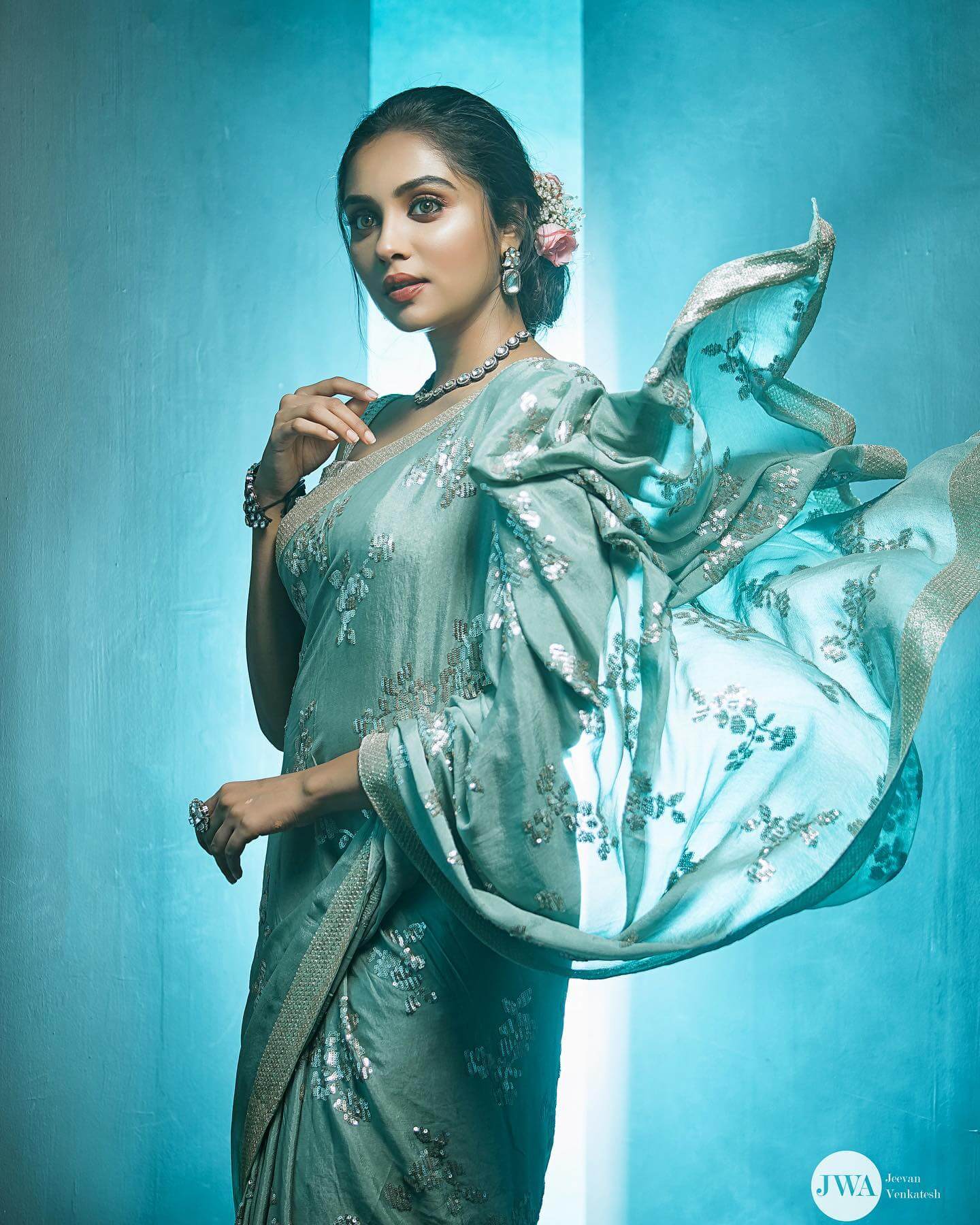 Smruthi Venkat Look Extremely Pretty  In Ice Blue Crepe Embroidered Saree