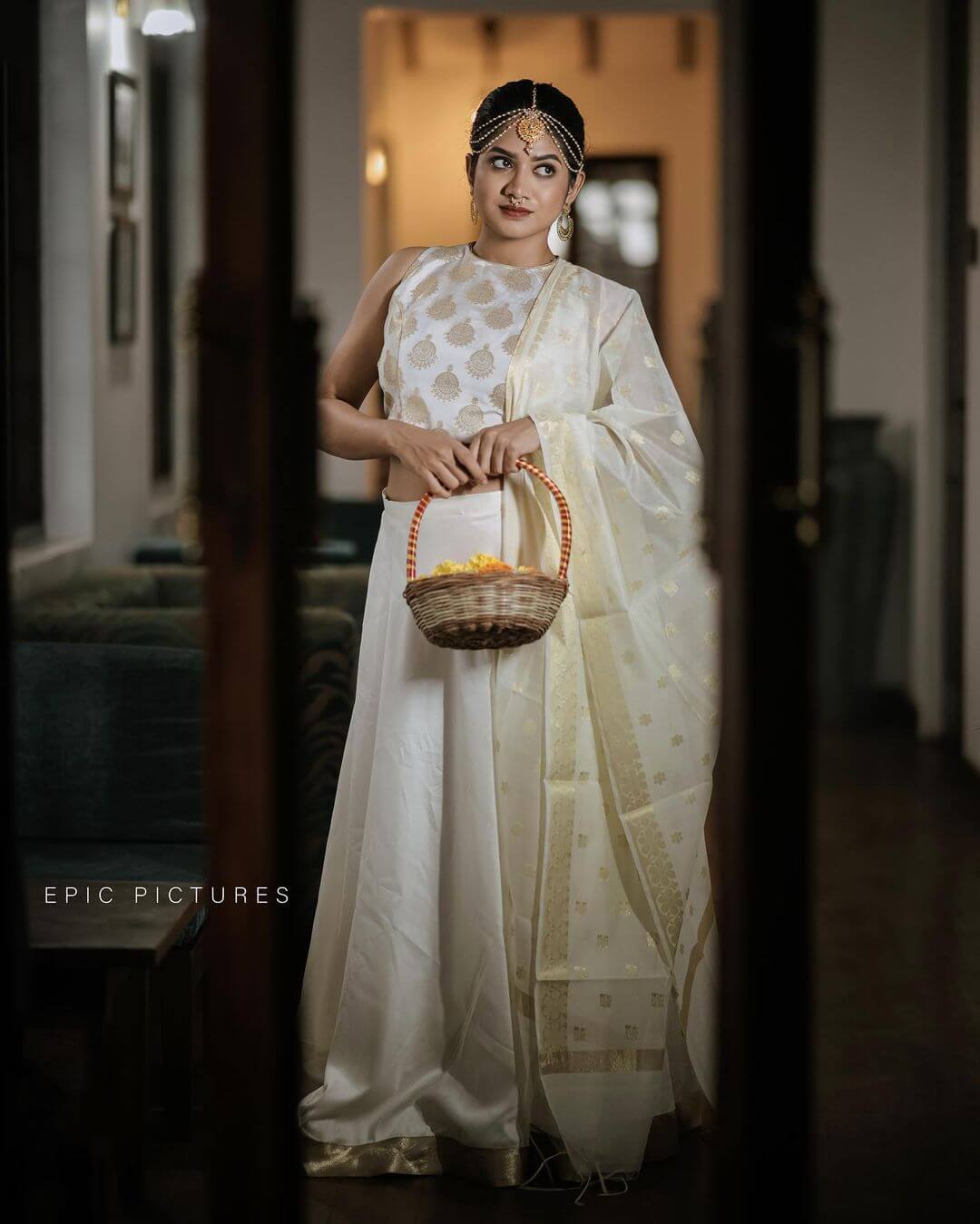 South Actress Anarkali Marikar In Off White Silk Lehenga Set With Golden Matta Patti