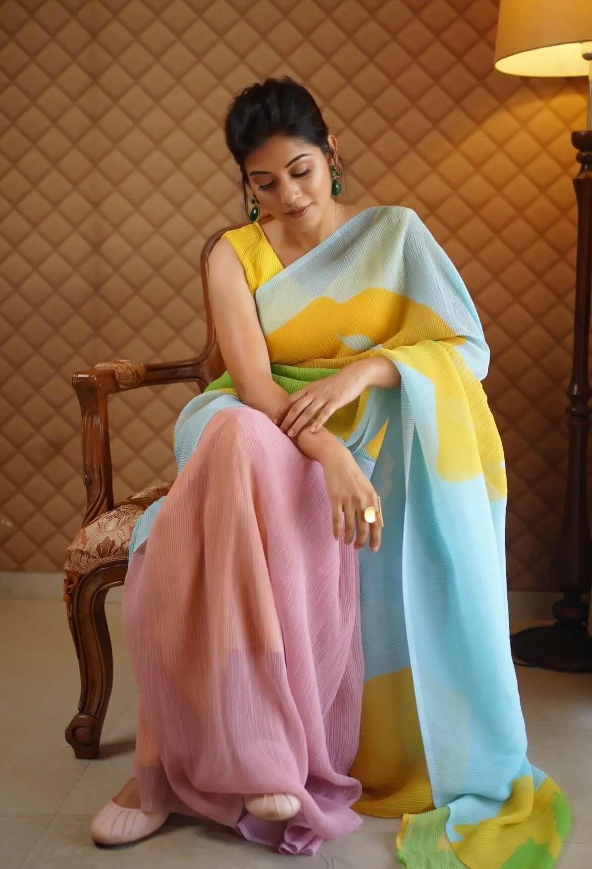 South Actress Sshivada In Multi-Pastel Colours Crepe Saree