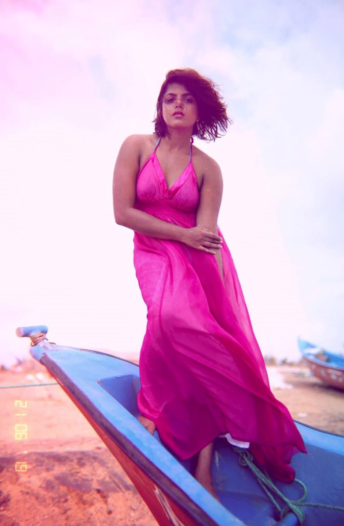 South Bae Pooja Devariya Sexy Beach Look In Pink Sexy Halter Neck Tie Up Dress