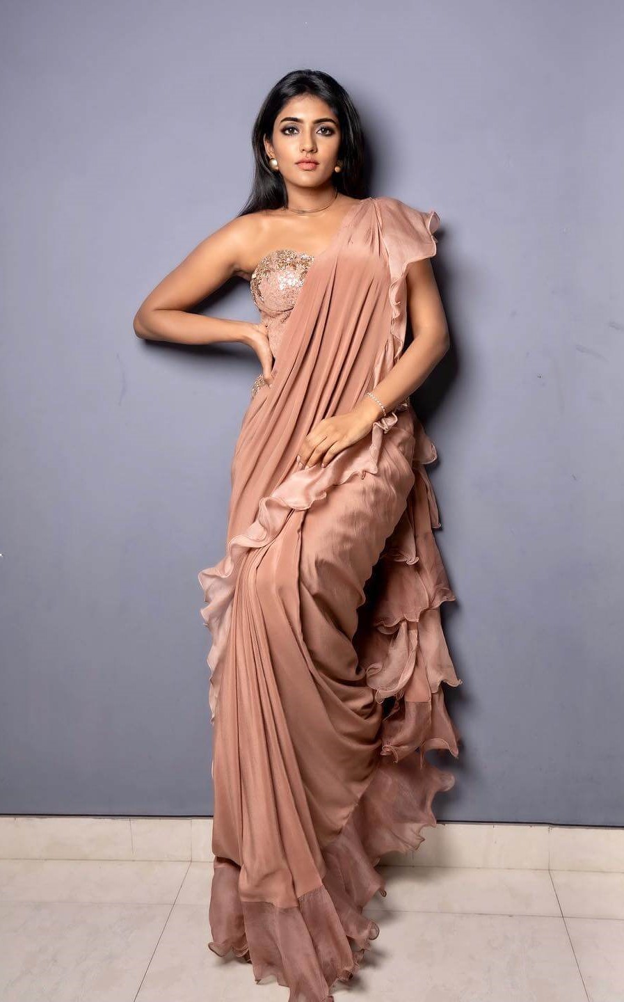 South Beauty Eesha Rebba In Ensemble Of Dusky Pink Ruffled Saree With Embellished Off Shoulder Blouse