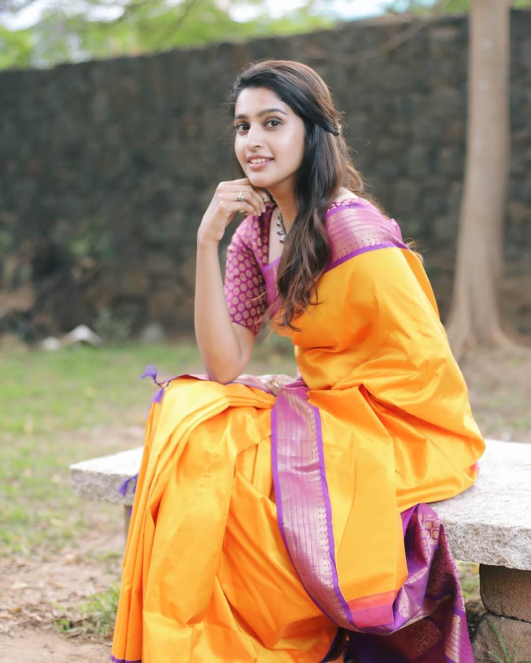 Tanya Ravichandran In Orange & Purple Silk Saree Paired With Purple Blouse