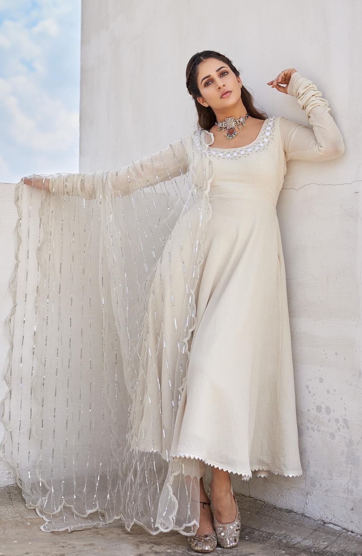 Telgu Actress Lavanya Tripathi Chic Look In White A-Line Kurta Set With Full Sleeves