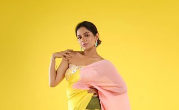 Tollywood Actress Aishwarya Dutta Multicolour Pleated Crushed Saree With Off-Shoulder Blouse