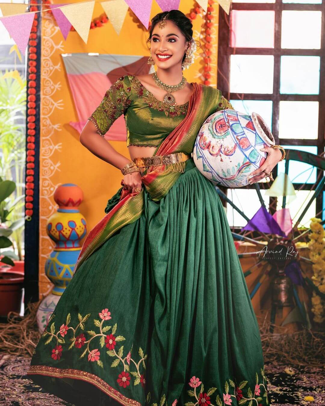 Tollywood Actress Anukreethy Vas In Green Floral Embroidered Lehenga Paired With Peach & Green Silk Dupatta