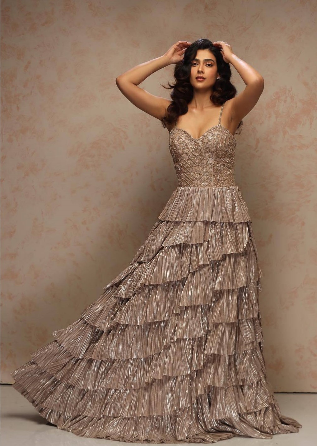 Aakanksha Singh Wearing Kalki Fashion Silver Metallic Multilayer Gown Perfect Look For Evening Parties