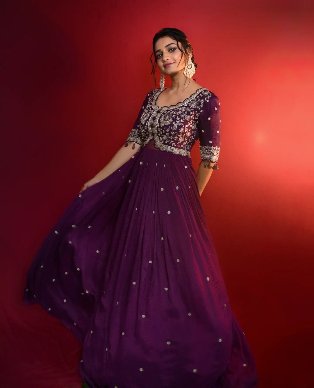 Hruta Durgule Mesmerizing Look Purple Heavy Embroidery Work Long Festive Gown Outfit
