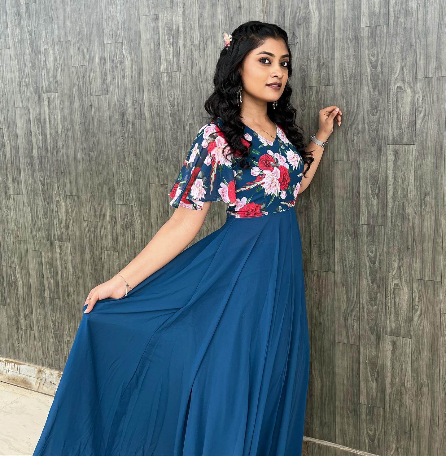 Ammu Abhirami Flared Cobalt Blue Floral Printed Dress Radiant Looks & Outfits