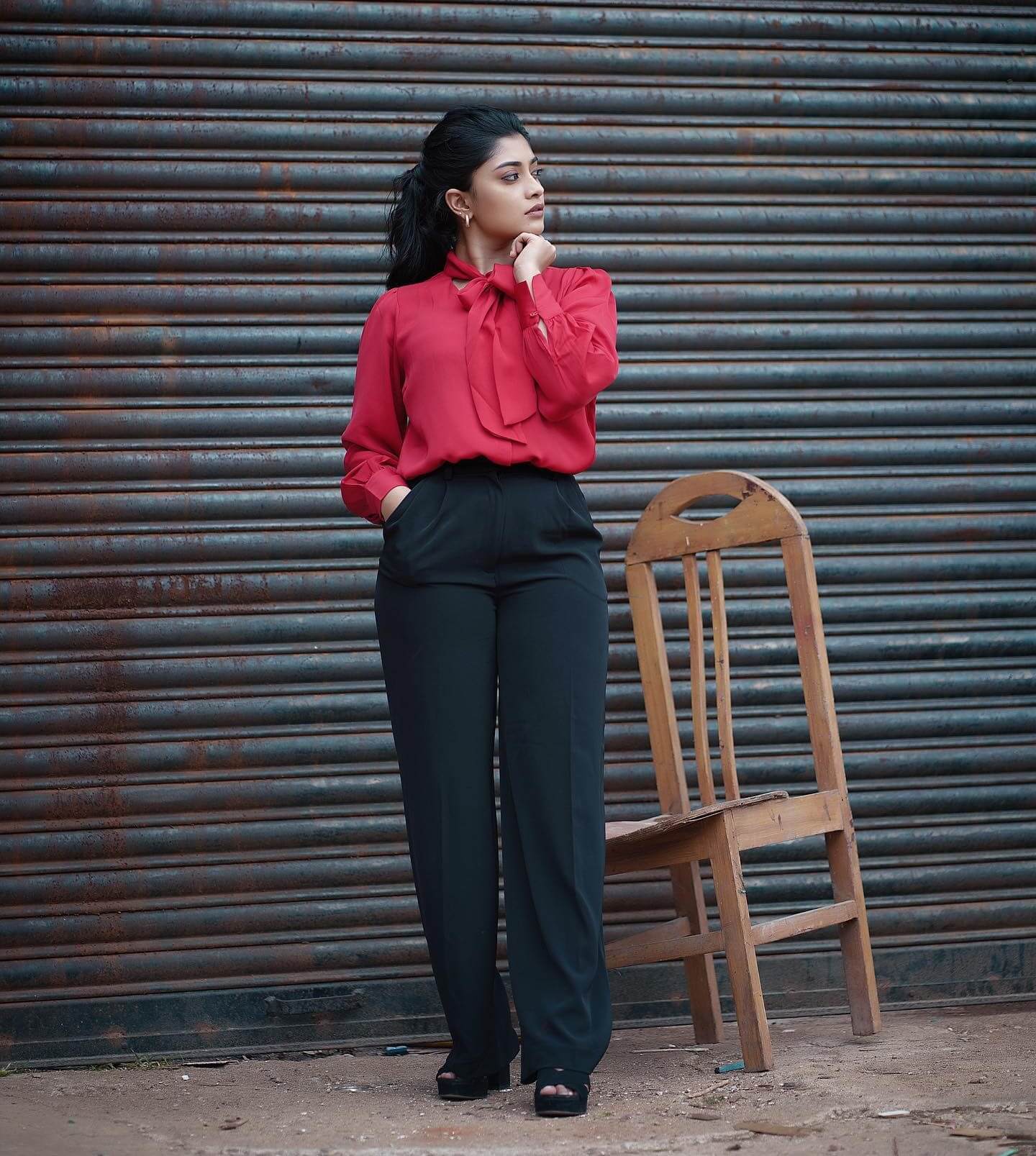 Ammu Abhirami Slaying In A Formal Classy Red Shirt Paired With Chic Black Pants Radiant Looks & Outfits