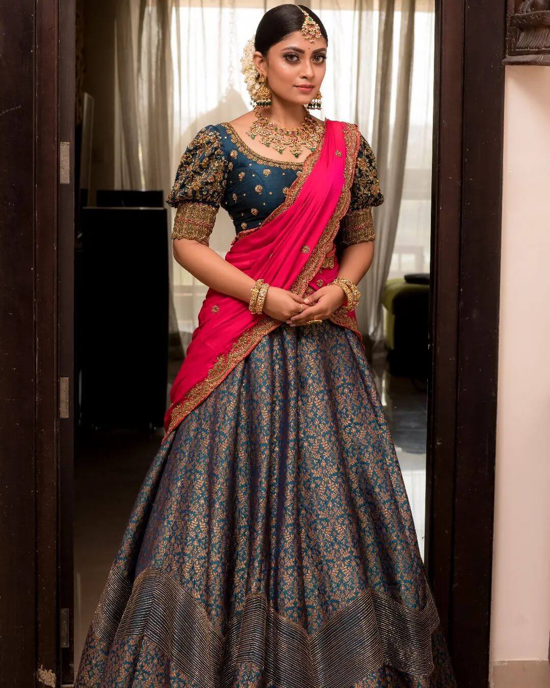 Ammu Abhirami Twirls In Blue & Golden Embellished Lehenga & Pink Dupatta With Kundan Jewellery Radiant Looks & Outfits