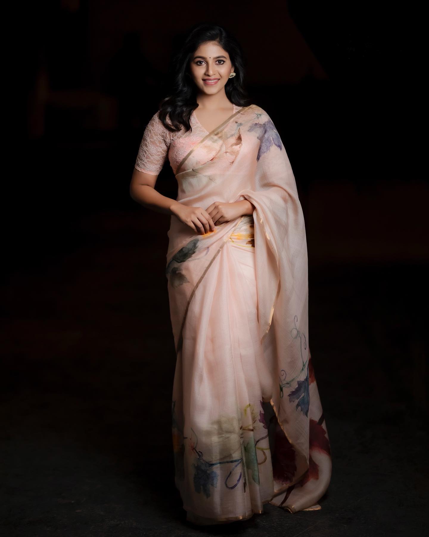 Anjali Classy Look In Beige Printed Crepe Saree With Lace Fabric Blouse