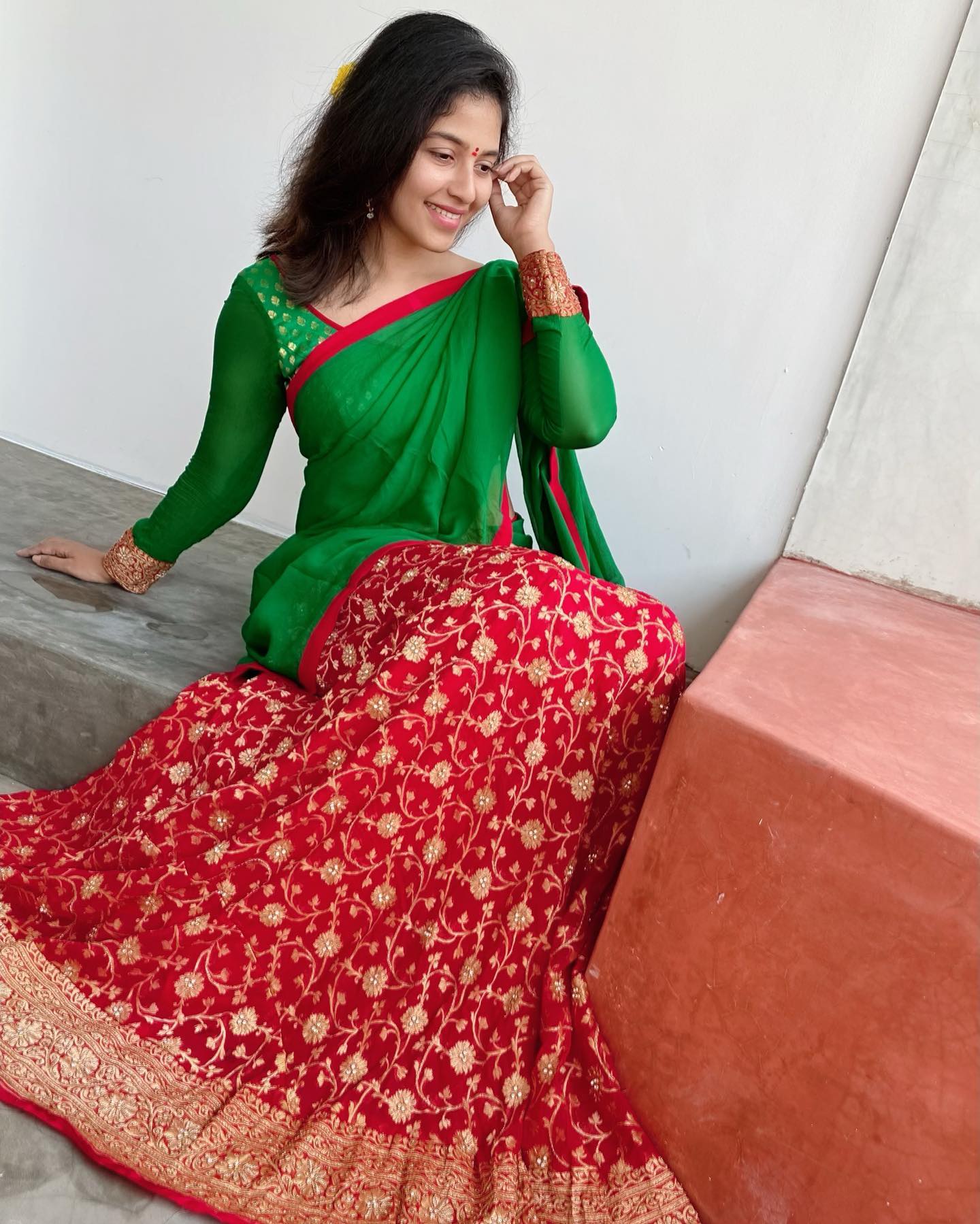 Anjali In Red Embroidered Lehenga With Green Full Sleeves Blouse & Dupatta