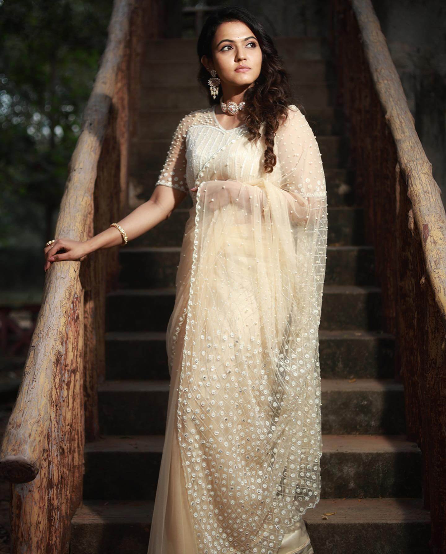 Aparna Das Dapper Look In Beige saree with Pearl Work Blouse