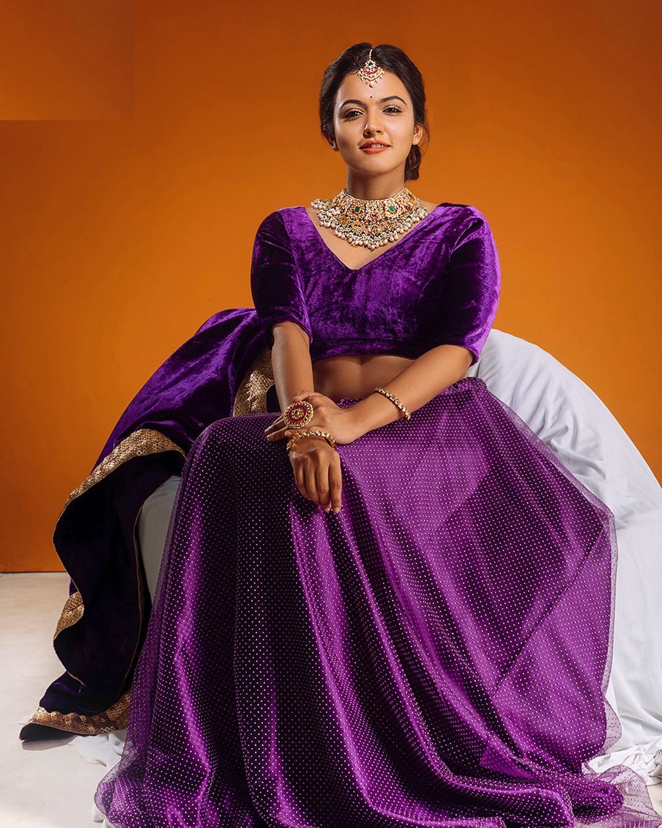 Aparna Das Turing Heads On In Purple Polka Dot Silk Lehenga With Solid Velvet Blouse & Dupatta & Gorgeous Kundan Jewellery Set Perfect Bridesmaid Look