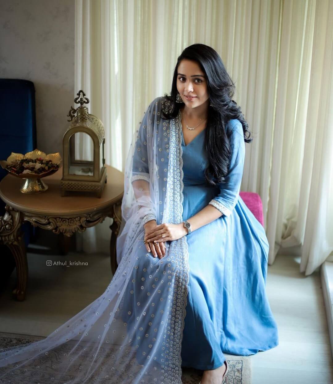 Ayilya Nair Wearing Light Blue V-Neck A-Line Kurta With Embellishing White Net Dupatta All Time Fashionable Outfits Collections