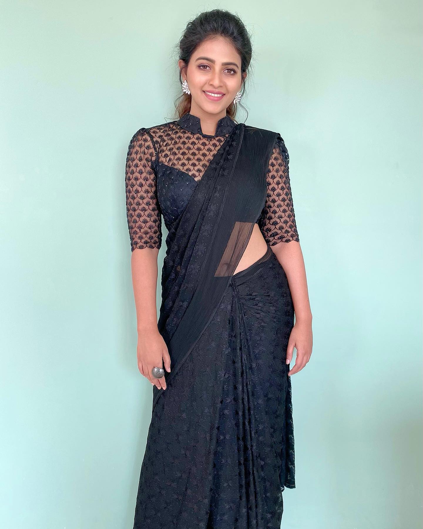 Beautiful Anjali In Black Embroidered Saree With High Neck Lace Sweetheart Neckline Blouse