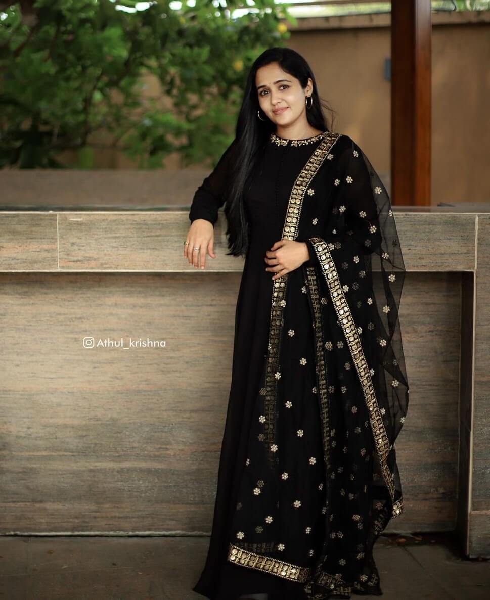 Beautiful Ayilya Nair In Black Full Sleeves Long Gown With Black Embroidered Net Dupatta