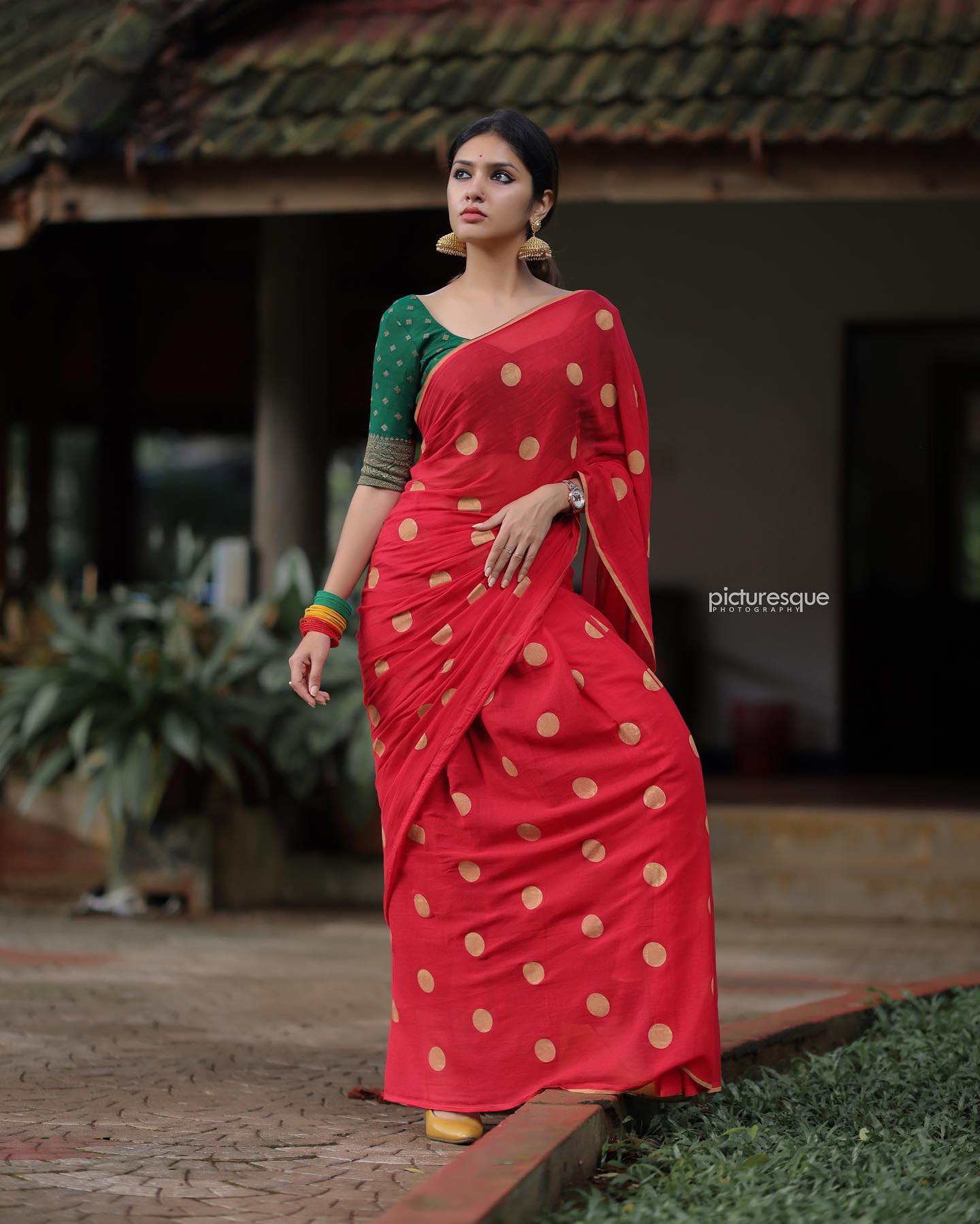 Beautiful Gayathri Suresh In Red Polka Dot Printed Saree Paired With Green Printed Blouse & We Can't Miss That Gold Jhumkis Must Have Outfits &amp; Looks