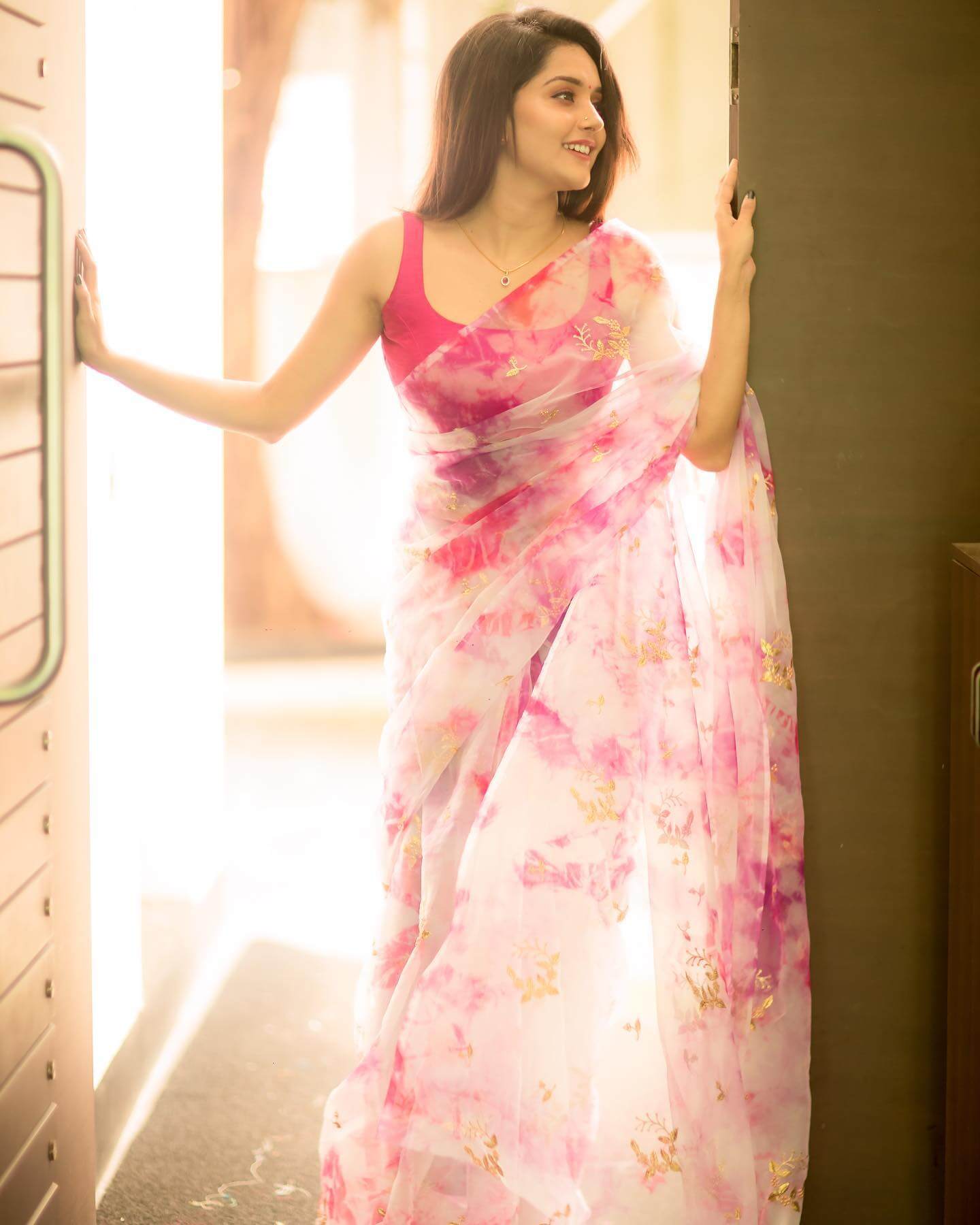 Beautiful Mahima Nambiar In Pink & White Georgette Saree With Sleeveless Pink Blouse