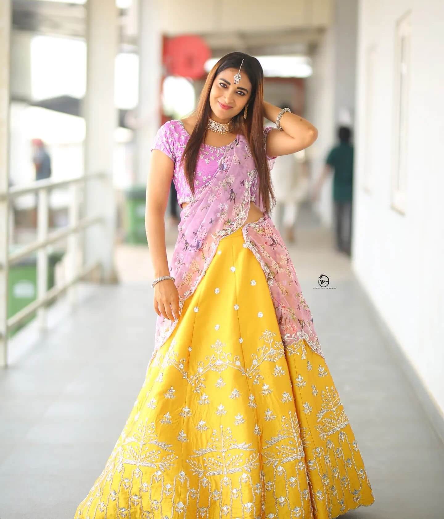 Beauty Bae Bhanu Sri Mehra  In Yellow & Purple Embroidered Lehenga - Lehenga & Saree Inspired Looks
