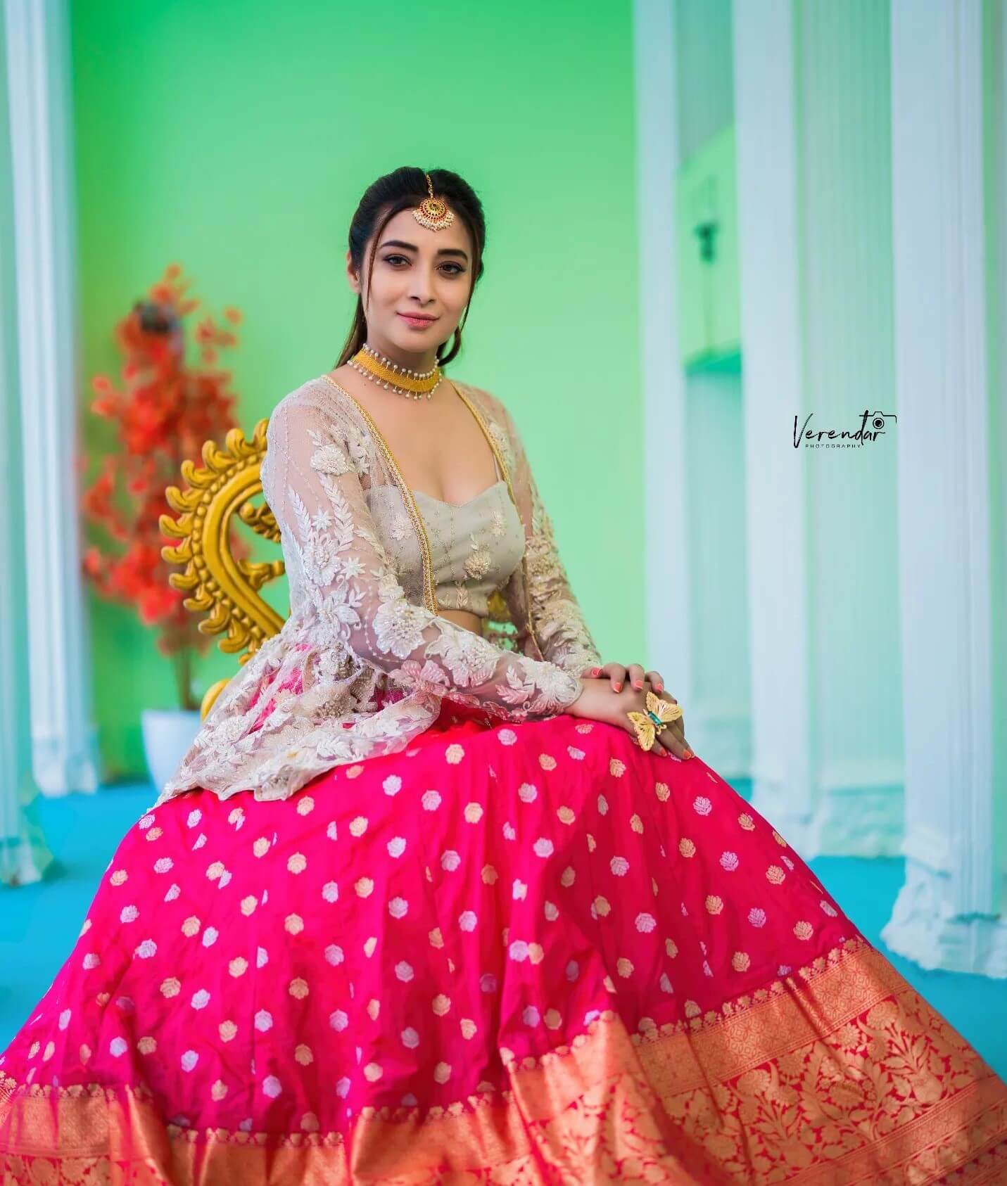 Bhanu Sri Mehra In Hot Pink Polki Silk Lehenga With Grey Crop Blouse With Embroidered Jacket - Lehenga & Saree Inspired Looks