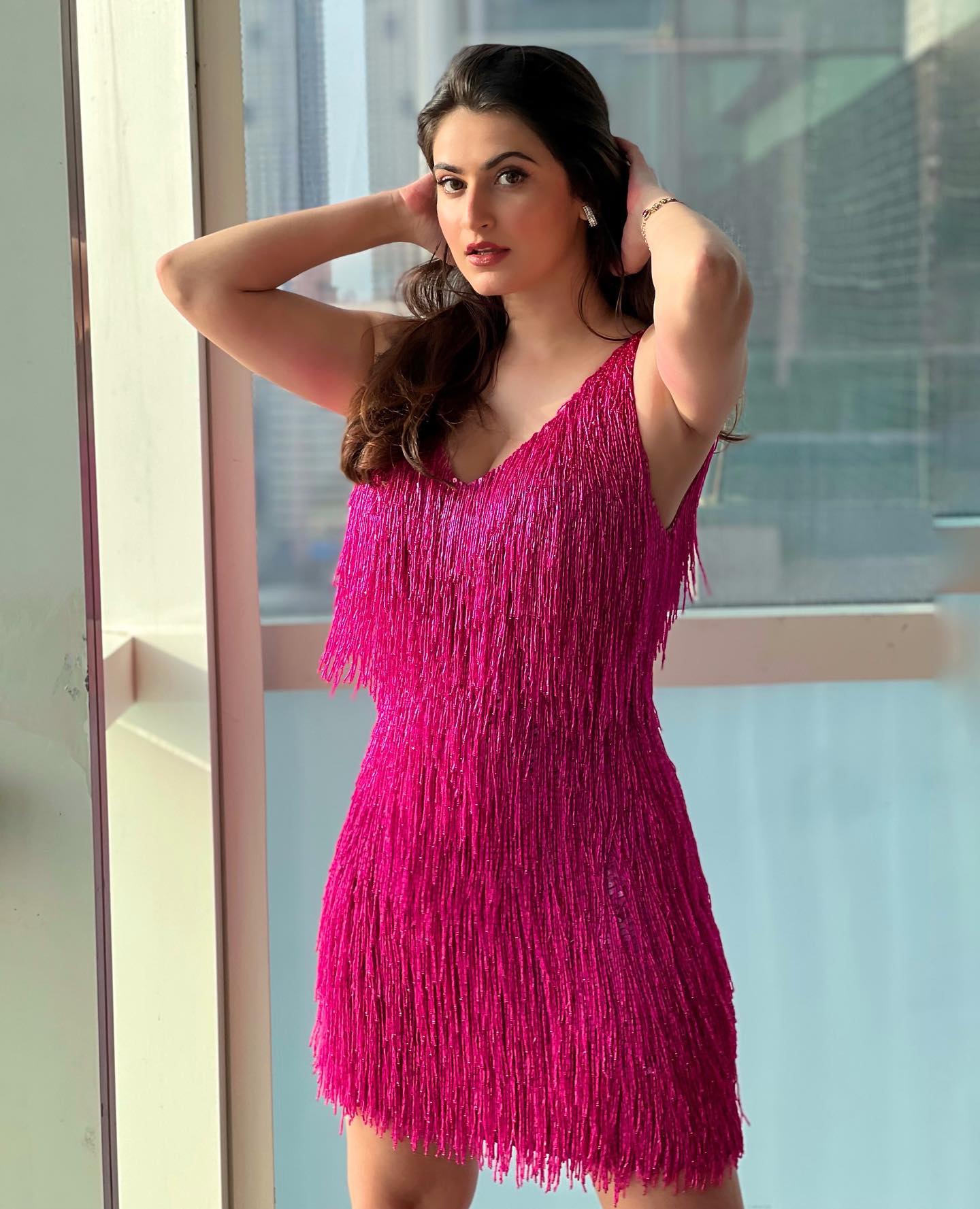Bollywood Diva Shivaleeka Oberoi Party Animal Look In Pink V -Neck Long Beaded Tassel Embroidery Dress With Hot Pink Pumps