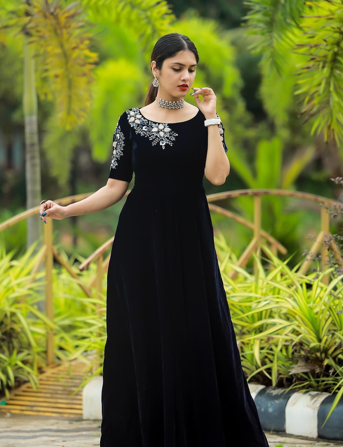 Gayathri Suresh In Black A-Line Embroidered Gown