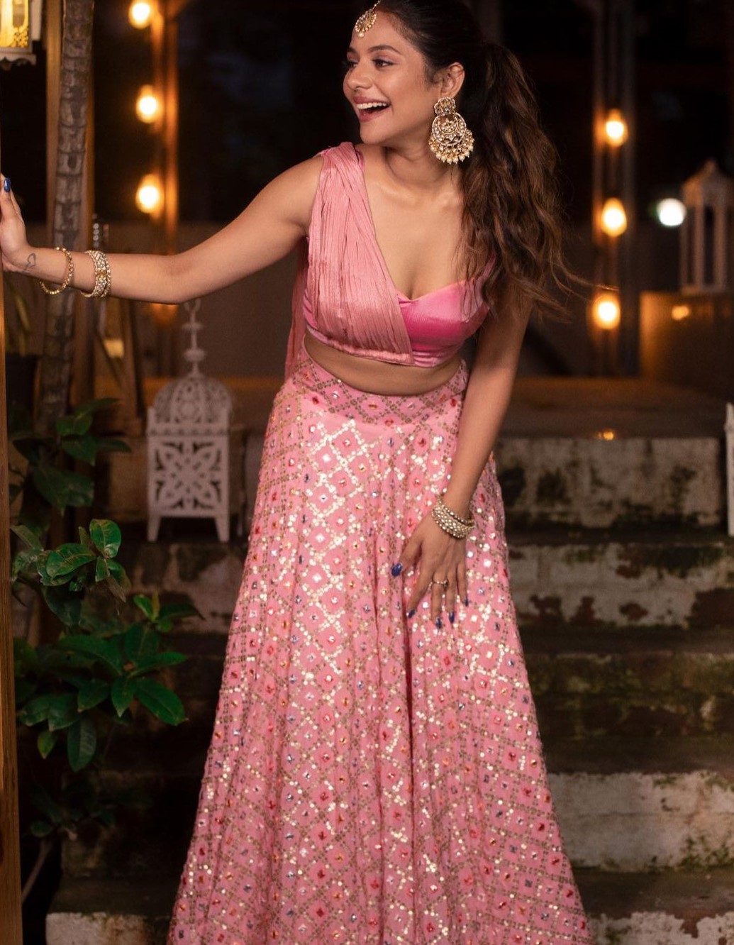 Gorgeous Aishwarya Dutta In Pink Skirt Paired With Rose Pink Pleated Dupatta Attached To The Blouse Exclusive Outfits & Looks