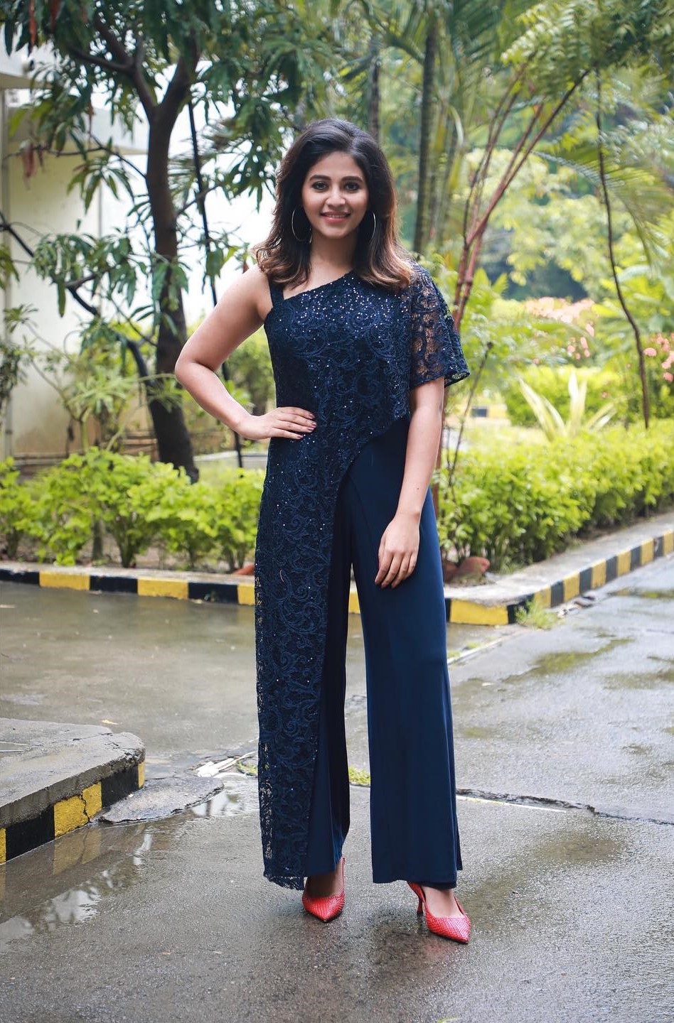 Gorgeous Anjali In Dark Blue Shoulder Lace & Solid Jumpsuit Fabulous Aces Her Outfits & Look's