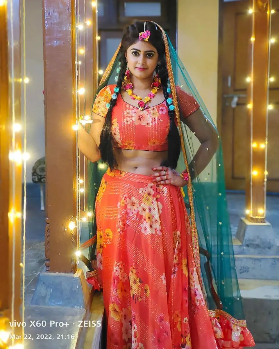 Gorgeous Meghasri In Red Floral Print Lehenga Set With Blue Gotta Patti Duppta & Cute Braided Hairstyle Styled With Floral Jewellery Set Perfect Mehandi Traditonal & Outfits Look