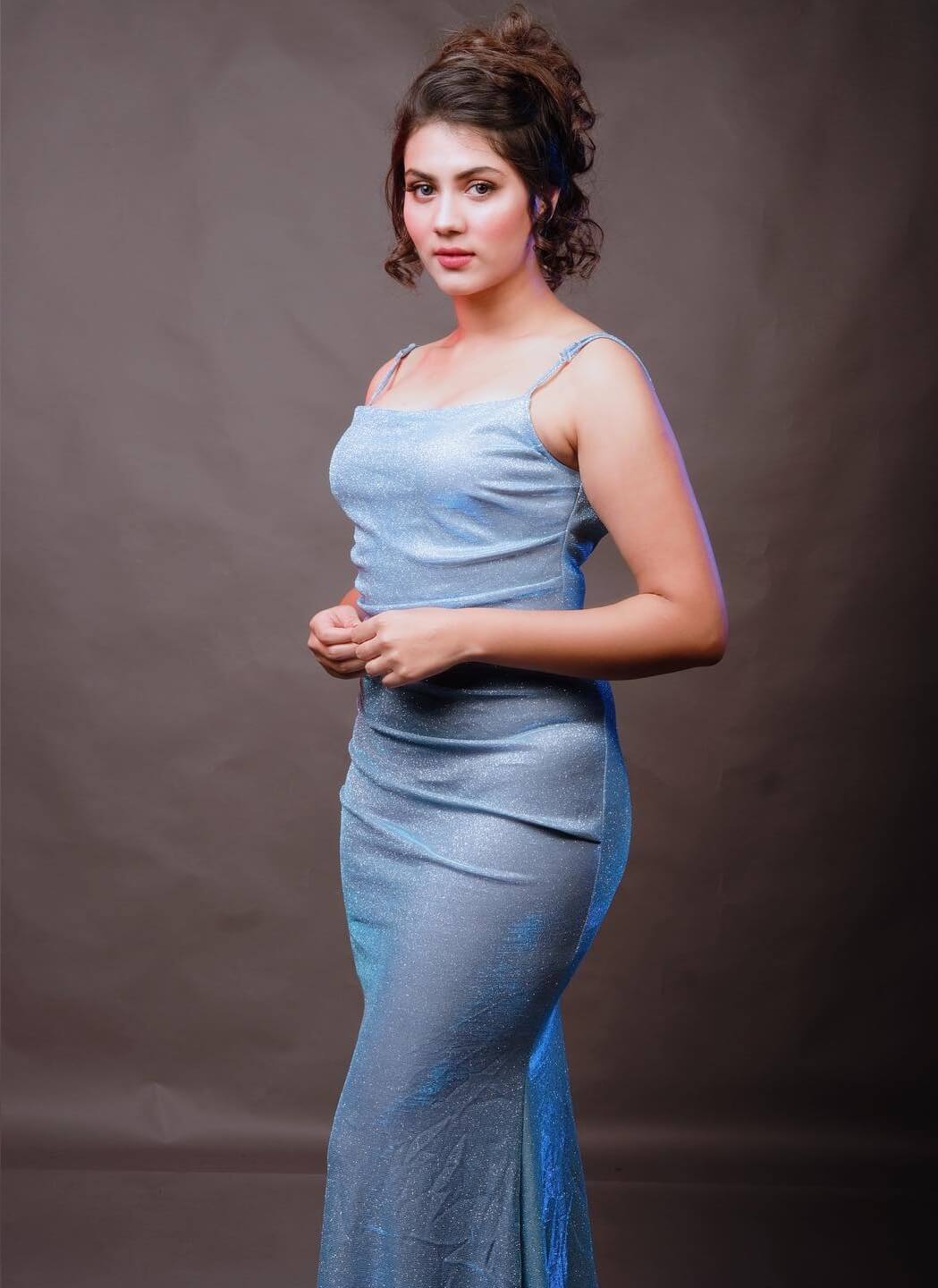 Gorgeous Rittika Sen In Ombre Blue Sheer Shimmery Noodle Strap Bodycon Dress