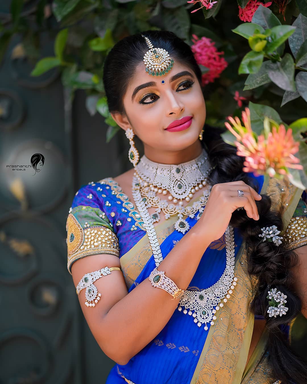 Gorgeous Sheela Rajkumar Bridal Look In Blue Saree With Emerald Green Diamond Bridal Jewellery Effortless Fashionable Looks &amp; Outfits