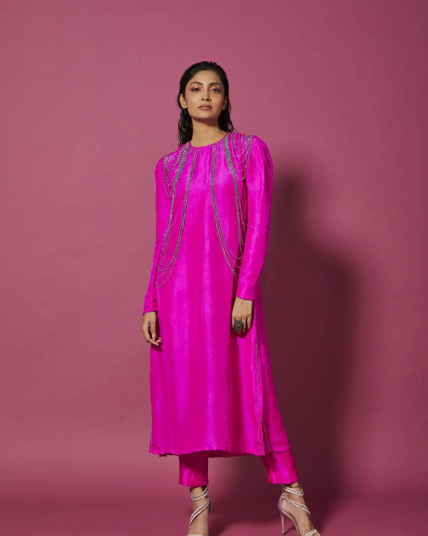 Gorgeous Swathi Muppala In Magenta Pink Embellished Ensemble With Sleek Hairstyle