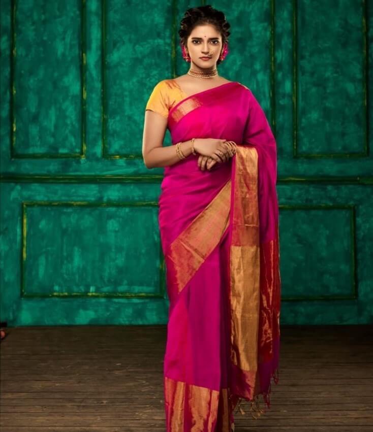 Gorgeous Vasundhara Kashyap In Divine Pink Silk Saree With Golden Border With Golden Half Sleeves Blouse - Traditional & Western Outfits & Looks