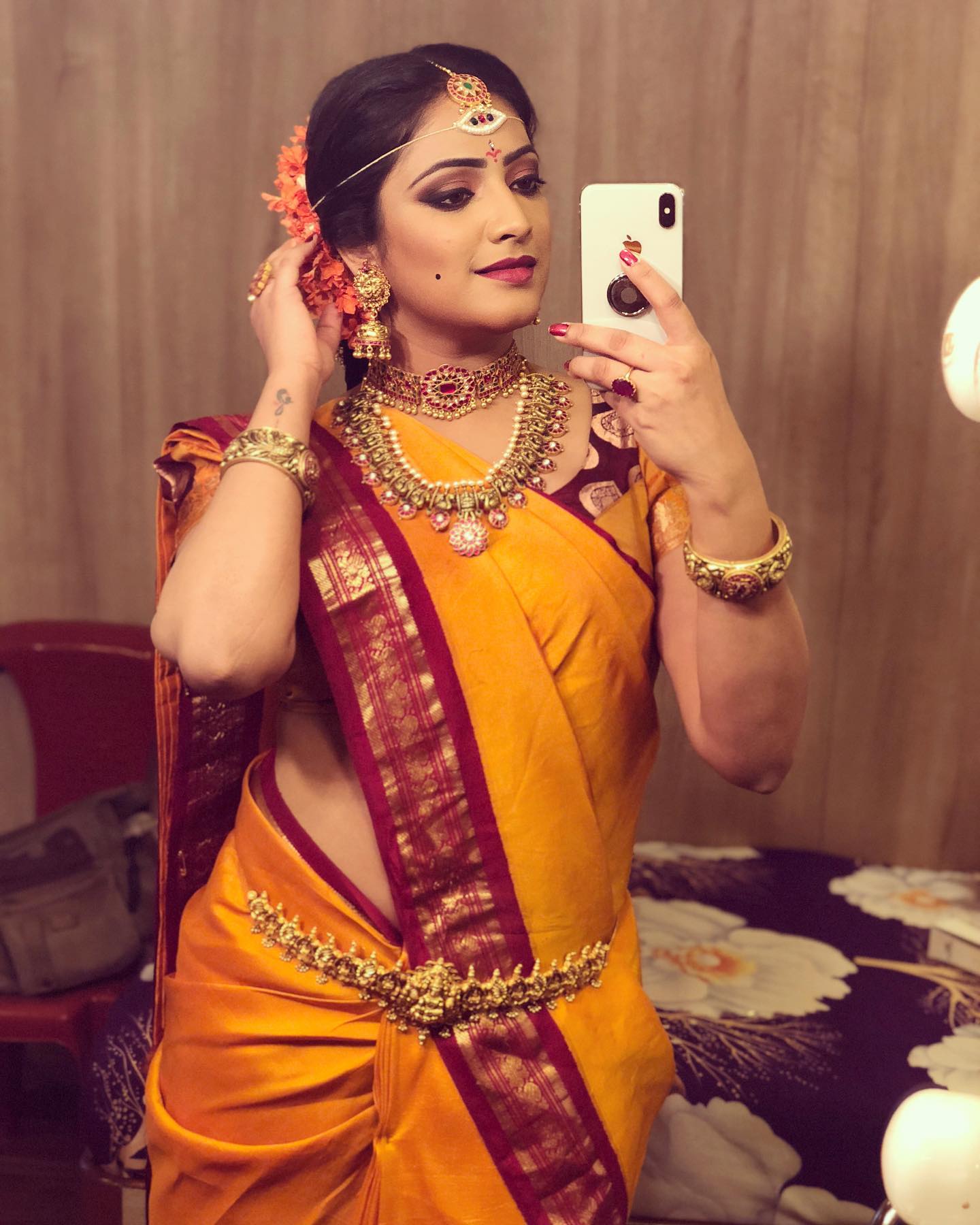 Hariprriya Bridal Look In Yellow & Maroon Kanjeevaram Silk Saree Paired With Beautiful Temple Design Gold Jewellery Outfits & Fashion