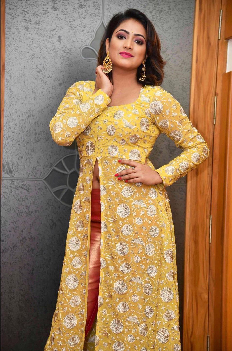 Hariprriya Look Gorgeous In Yellow Embroidered Full Sleeves Front Slit Kurta Paired With Orange Shimmer Pants