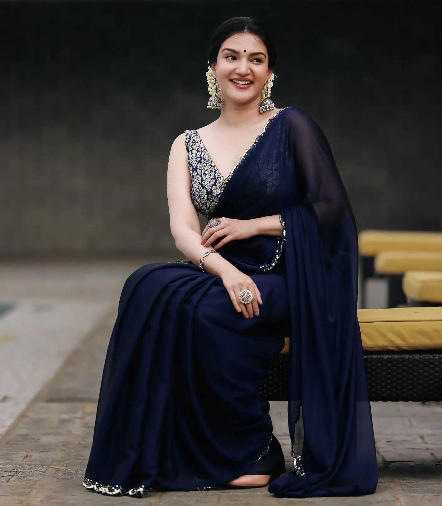 Honey Rose In Navy Blue Georgette Saree Paired With Silk Blend Sleeveless Blouse
