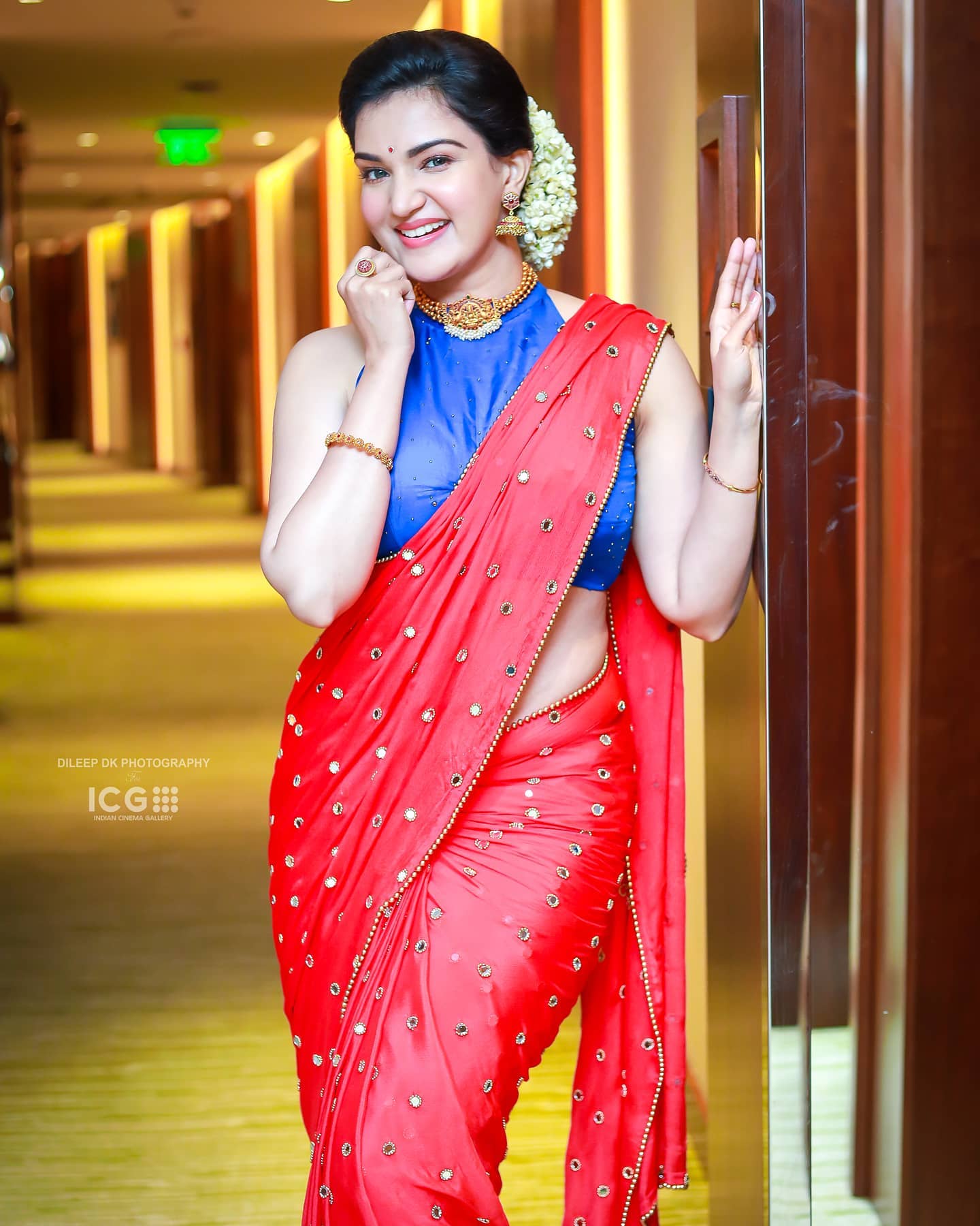 Honey Rose In Red Mirror Work Saree Paired With Blue Halter Neck Blouse Traditional Outfits & Looks