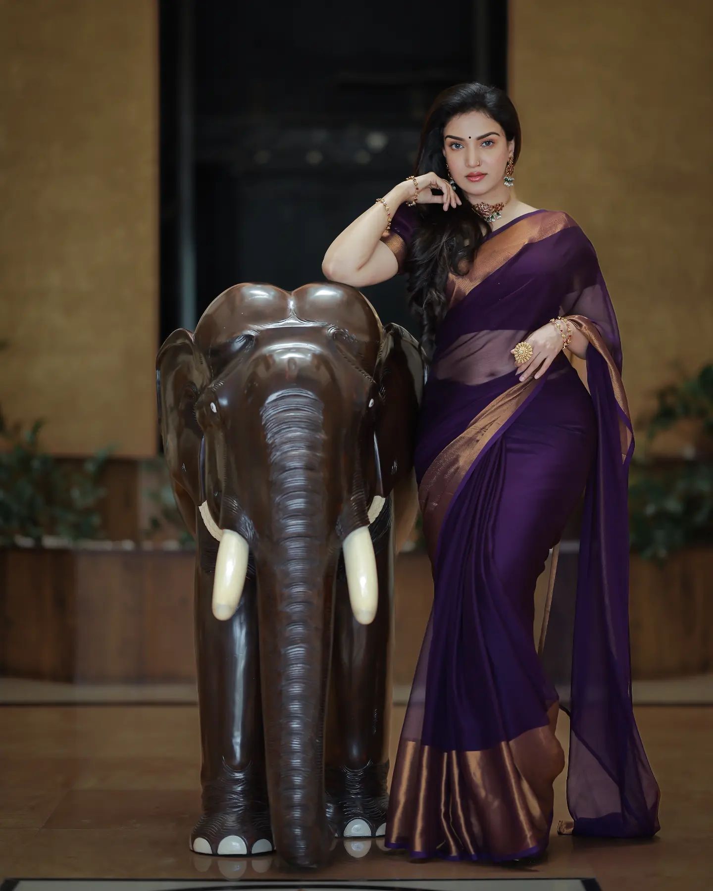 Honey Rose In Sheer Purple Saree With Golden Border Traditional Outfits & Looks