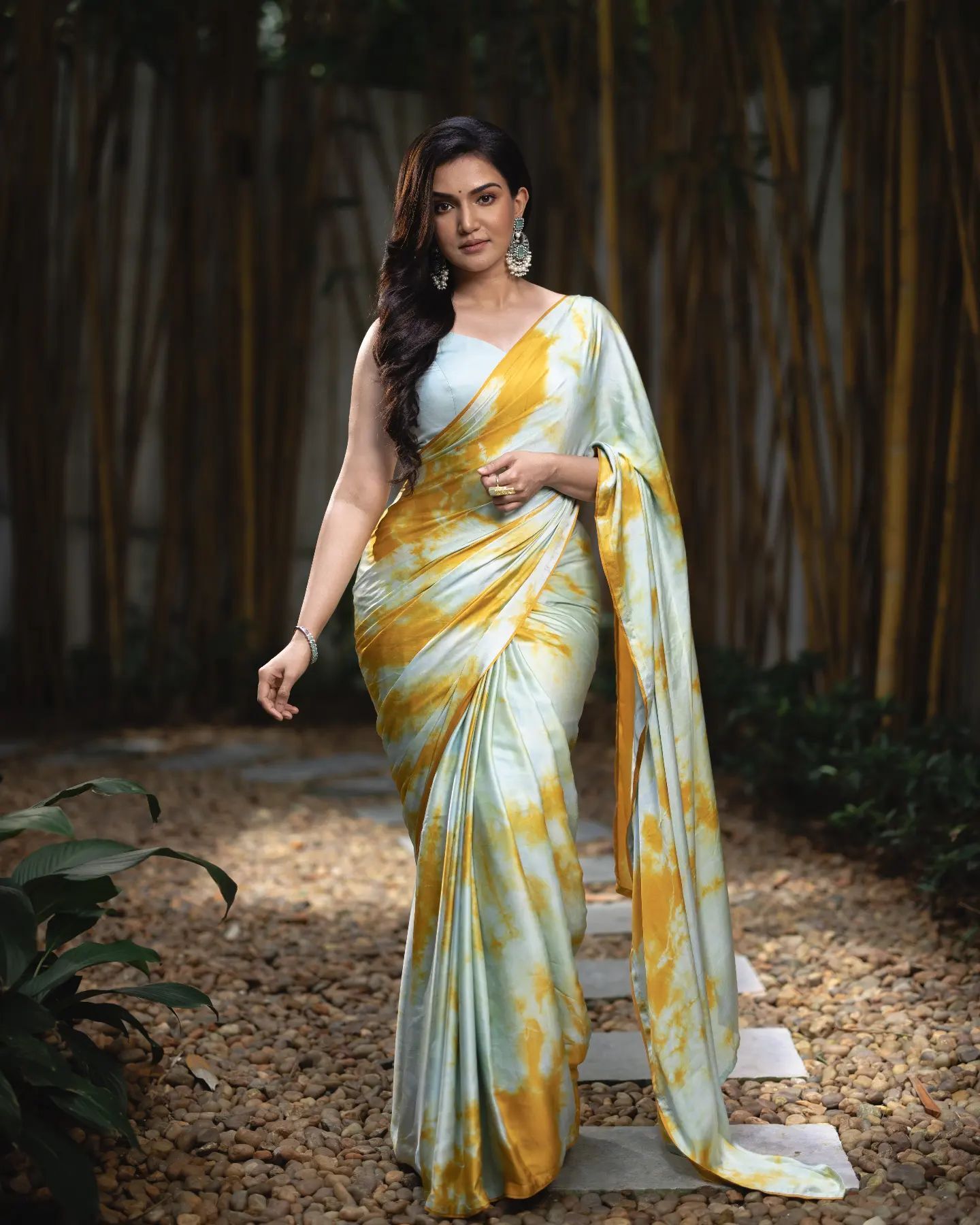 Honey Rose In Yellow & White Tie & Die Satin  Silk Saree