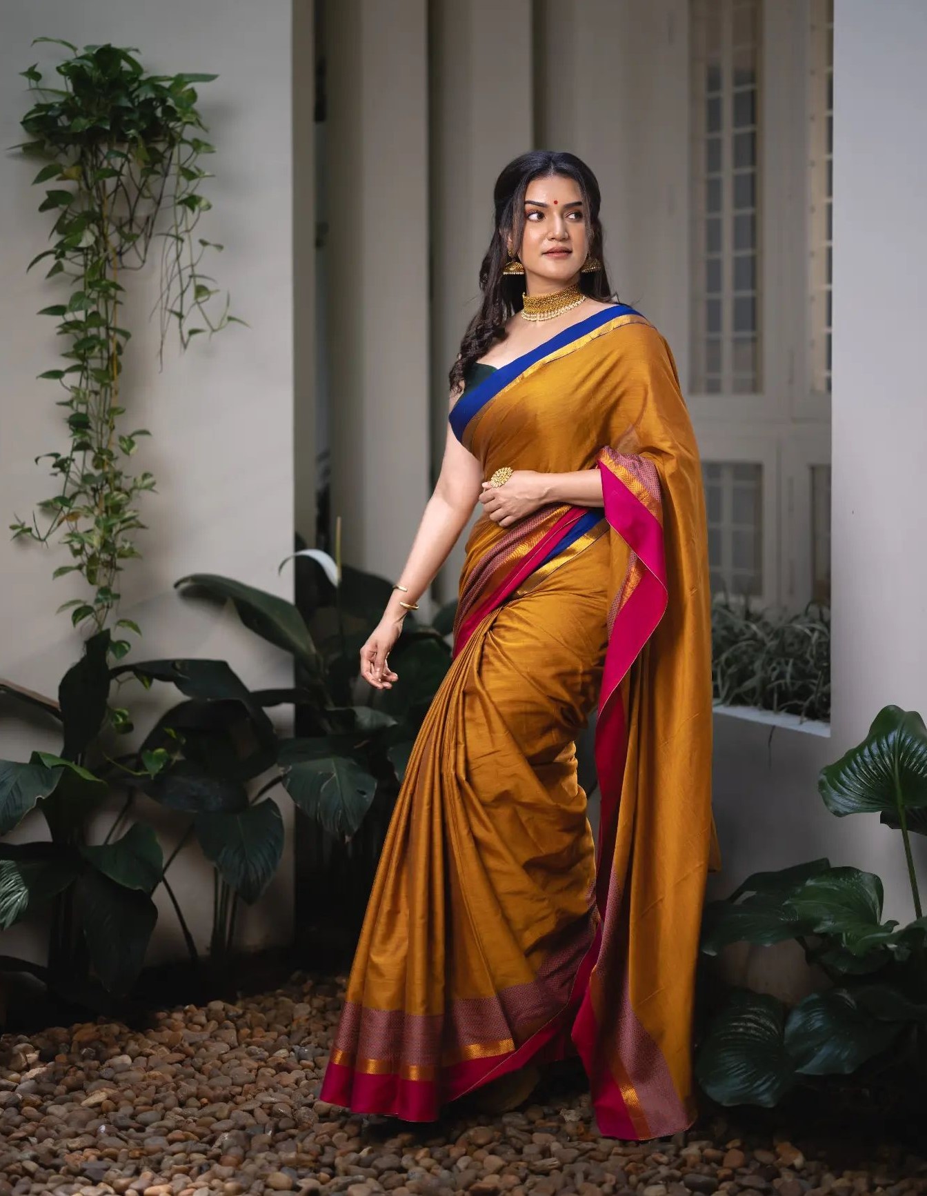 Honey Rose In Yellow Silk Saree With Blue & Pink Border Paired With Black Blouse Traditional Outfits & Looks