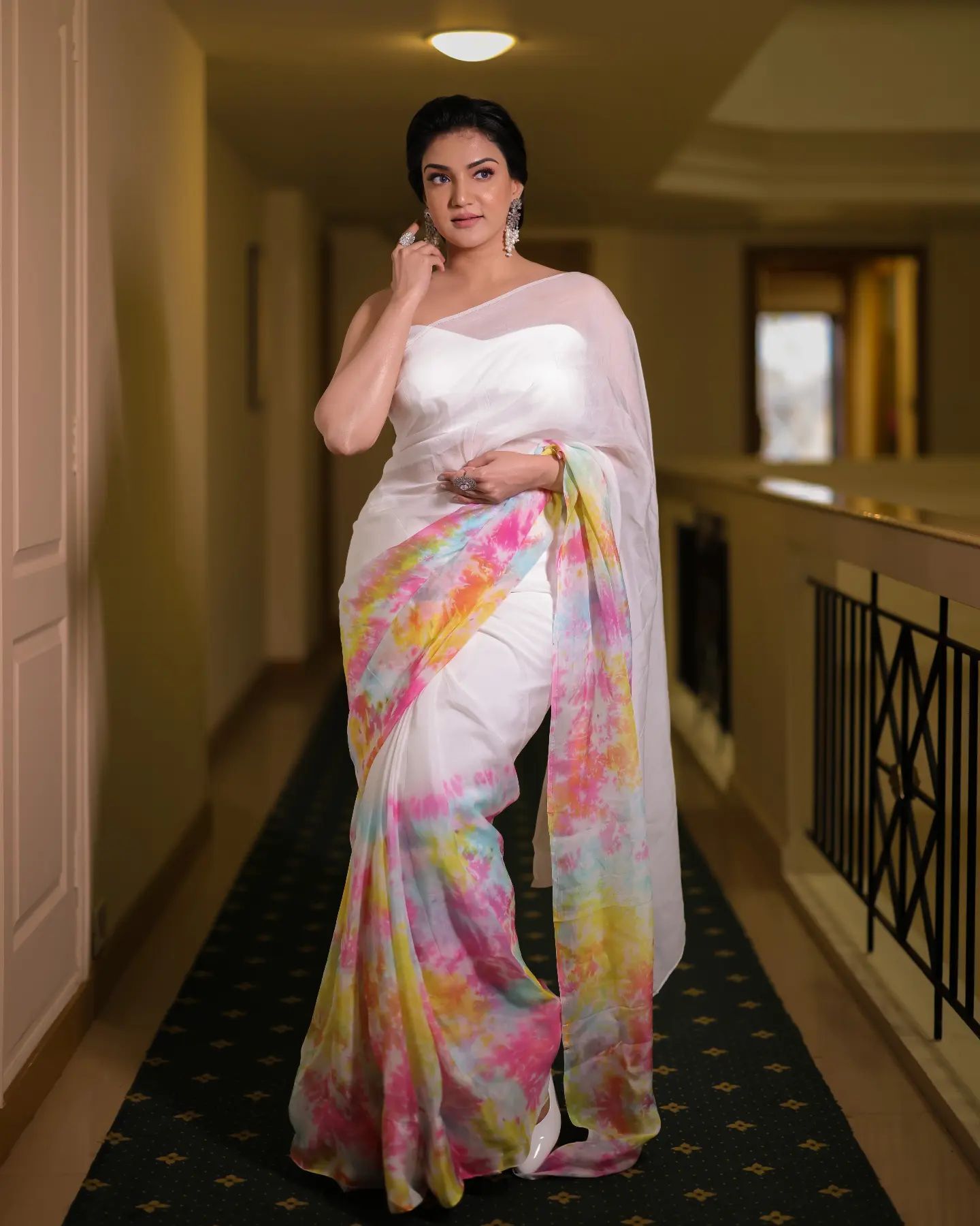Honey Rose Look Beautiful In White Vibrant Saree Paired With Off Shoulder Sweetheart Neck Blouse