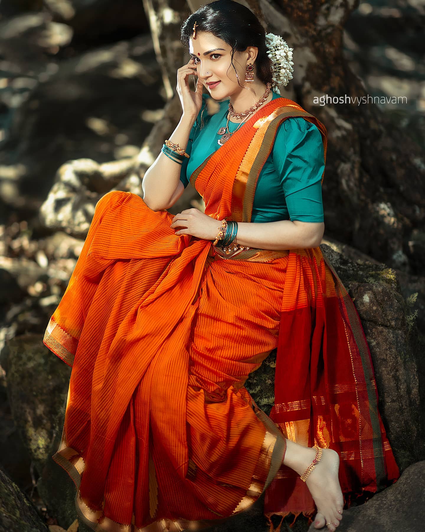 Honey Rose Look Divine In Orange Silk Saree  Paired With Tee Blue Blouse Traditional Outfits & Looks