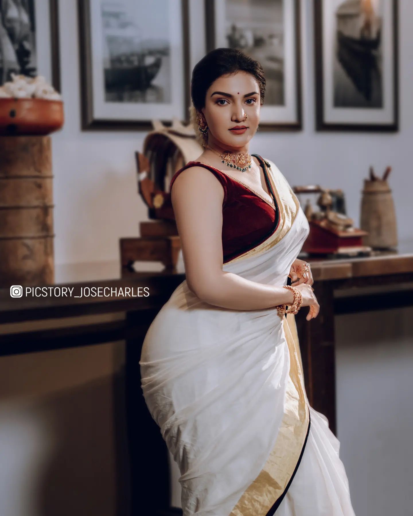 Honey Rose Off-White Silk Saree Paired With Red Velvet Border Traditional Outfits & Looks